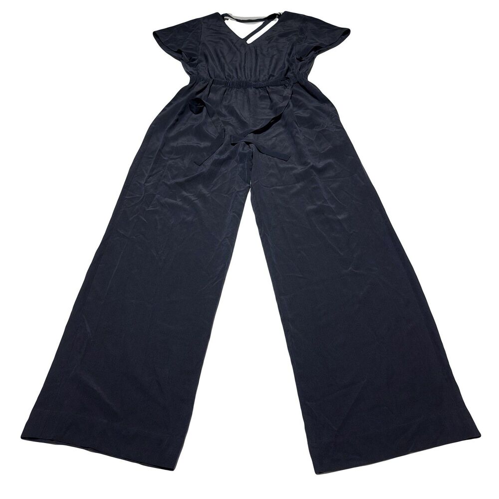 Vince Women’s Flutter Sleeve Wide leg Silk Jumpsuit Black Size M Tie Waist